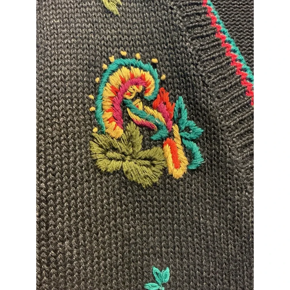 Herman Geist Vintage Cardigan Sweater Hand Embroidered Black Floral Women's Sz L
